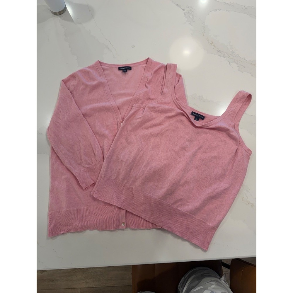 Lands' End Sweater Set Women L Pink Good Silk Cashmere Twinset Cardigan Tank